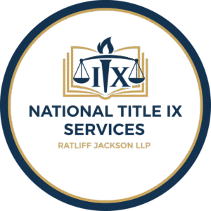 Title IX Services logo with scales of justice and torch, representing the Title IX division of Ratliff Jackson LLP.